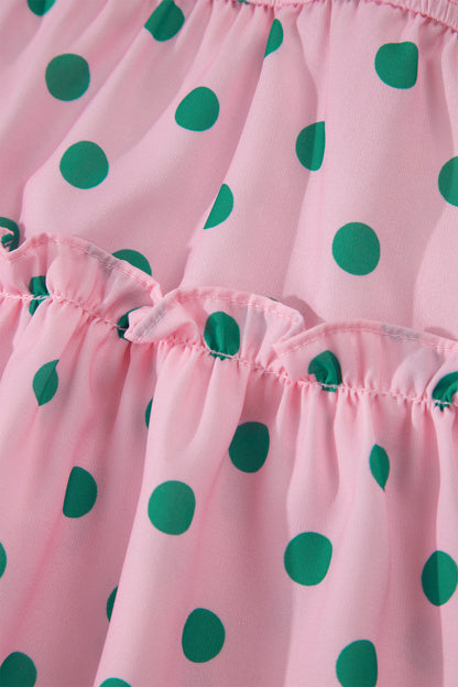 Pink V Neck Polka Dot Print Drawstring Tiered Babydoll Blouse