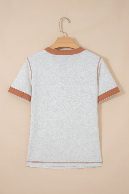 Light Grey Raw Seam Color Block Detail Buttoned Henley Tee