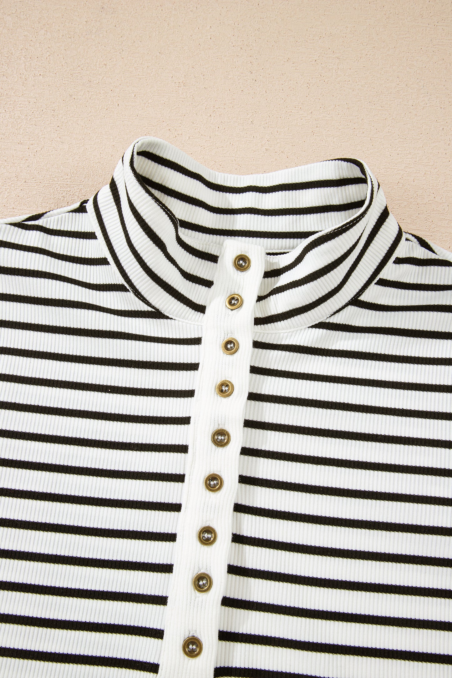 Black Stripe Ribbed Knit Half Button Long Sleeve Slim Top