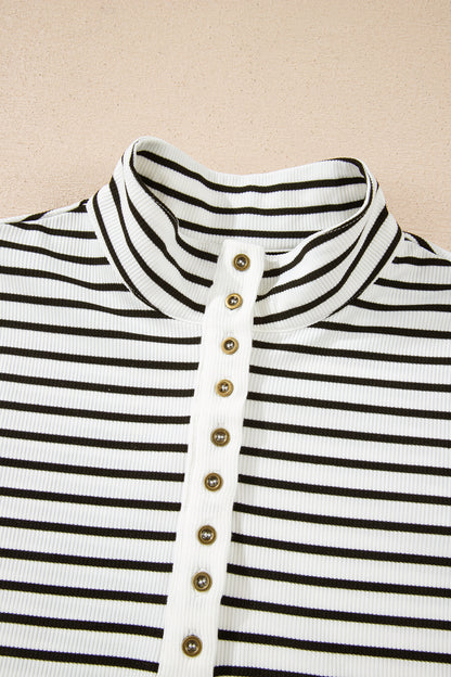 Black Stripe Ribbed Knit Half Button Long Sleeve Slim Top