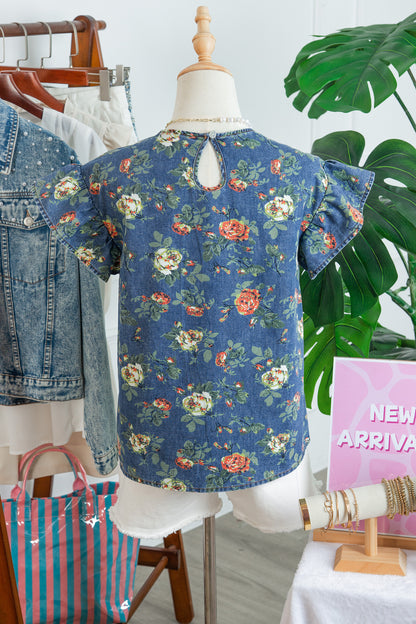 Ashleigh Blue Ruffled Short Sleeve Floral Denim Top