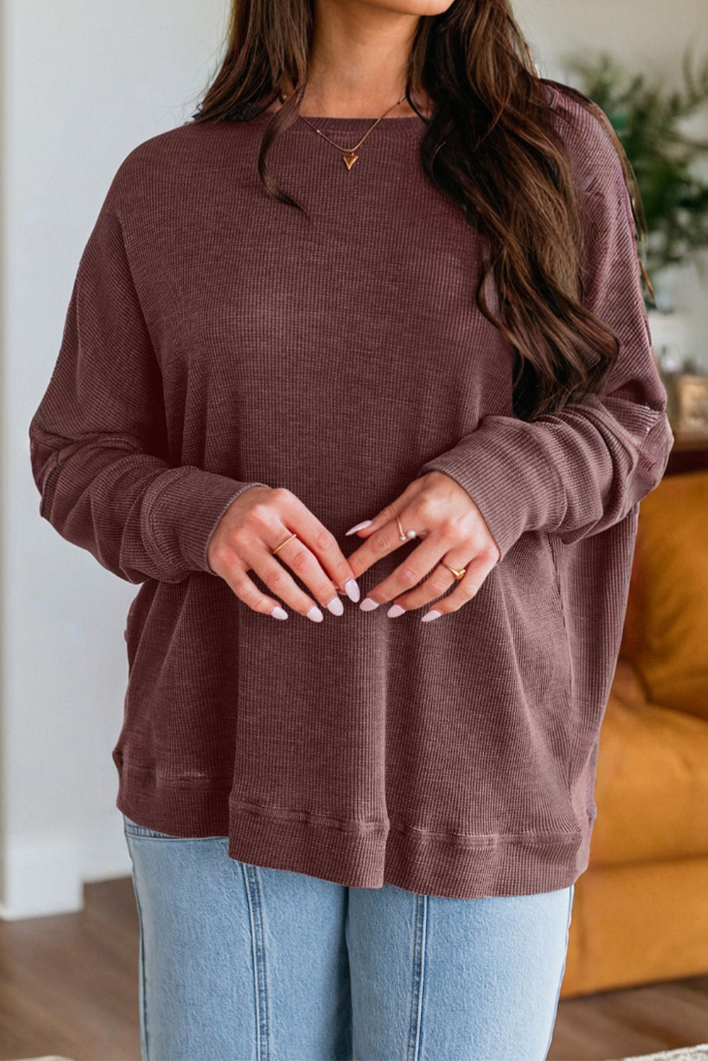 Mist Green Waffle Knit Patchwork Long Sleeve Loose Top