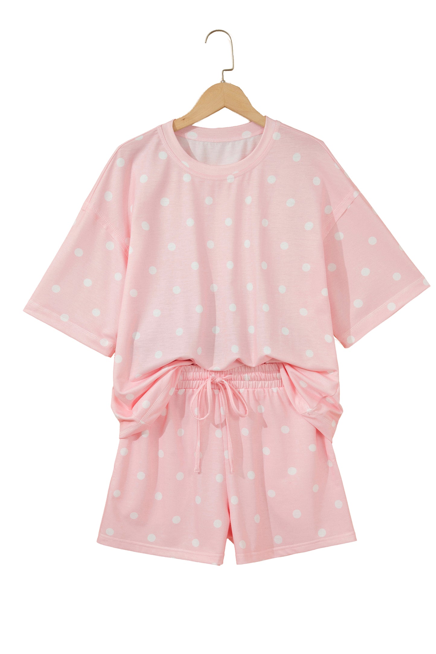 Black Exposed Seam Detail Polka Dot Loose Tee Drawstring Shorts Set