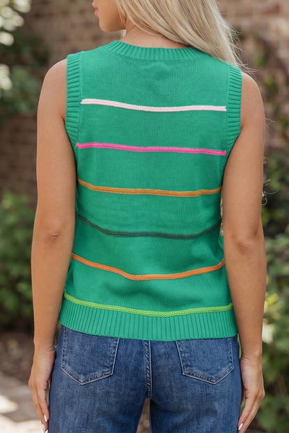 Sky Blue Stripe Round Neck Knitted Sweater Tank