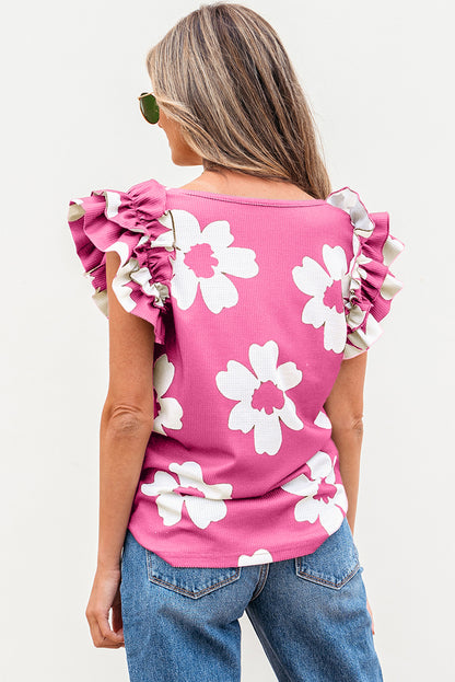 Brown Floral Textured Ruffled Short Sleeve Square Neck Blouse