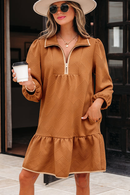 Desert Gold Quarter Zip Collar Bracelet Sleeve Textured Mini Dress