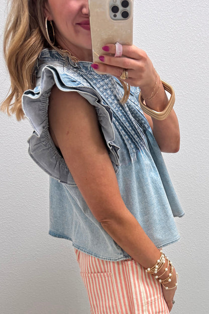 Beau Blue Ruffle Pleated Detail Vintage Washed Denim Top
