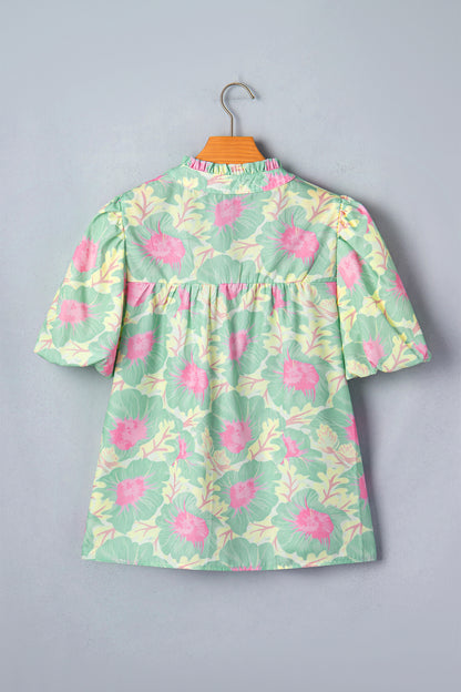 Pink Short Bubble Sleeve Summer Floral Blouse