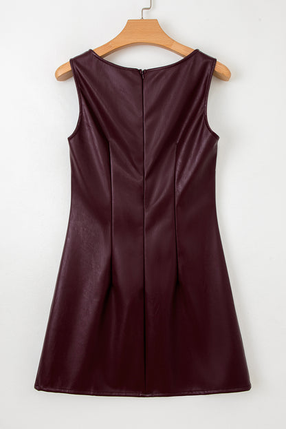 Coffee Vegan Leather Sleeveless Mini Dress