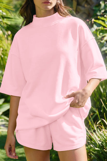 Moonlight Jade Solid Color Exposed Seam Mock Neck Oversize Tee Casual Shorts 2pcs Outfit