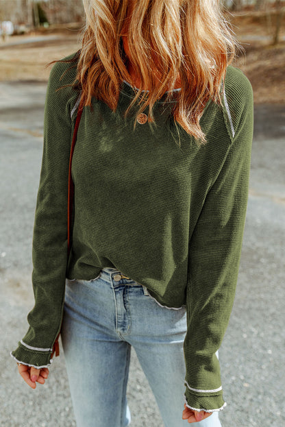 Gray Textured Round Neck Long Sleeve Top