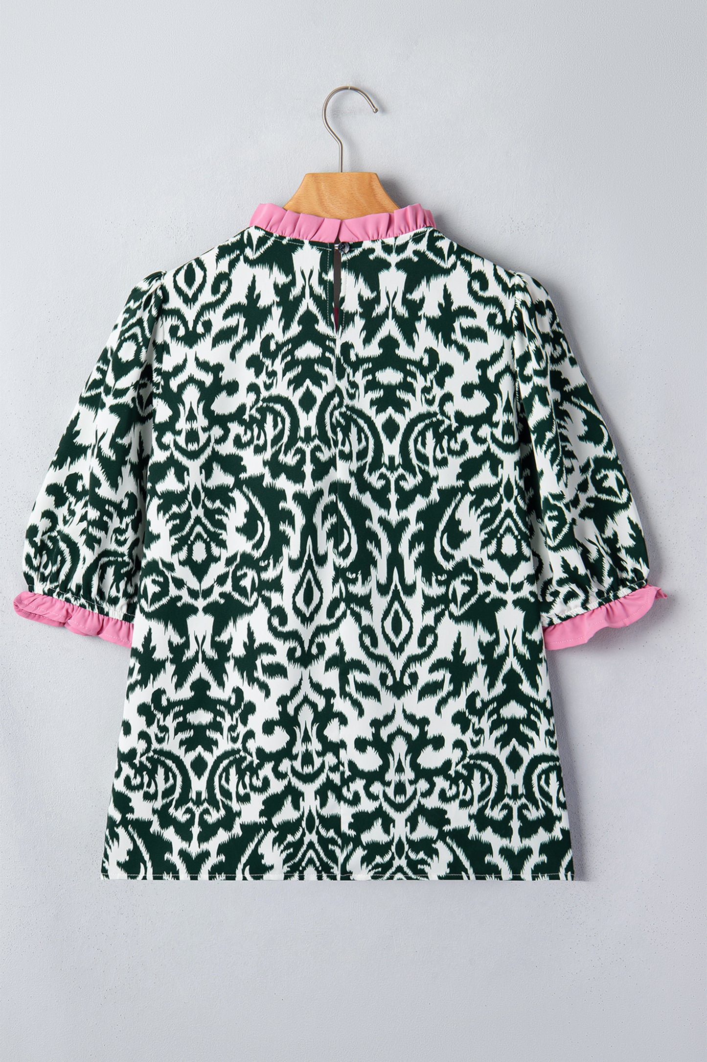 Green Damask Print Ruffled Color Block Detail Half Sleeve Blouse
