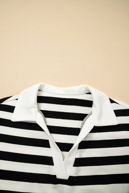 Green Stripe Collar V Neck Ruffled Short Sleeve Blouse
