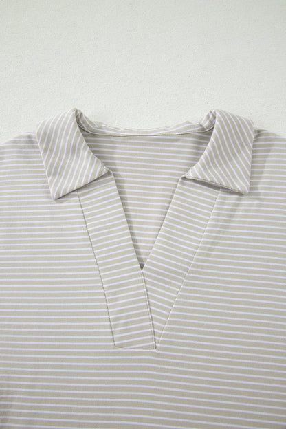 Khaki Stripe Dolman Sleeve Polo Shirt and Drawstring Shorts Set