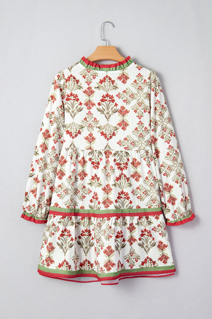 Pink Floral Print Contrast Trim Frilled Neck Long Sleeve Flared Dress