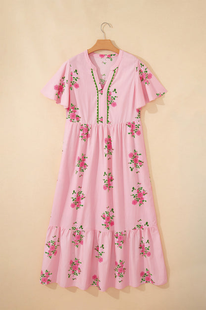 Sky Blue Notched Neck Flutter Short Sleeve Floral Print Maxi Dress