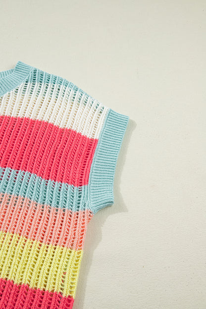 Green Stripe Color Block Hollow Out Knit Short Sleeve Sweater