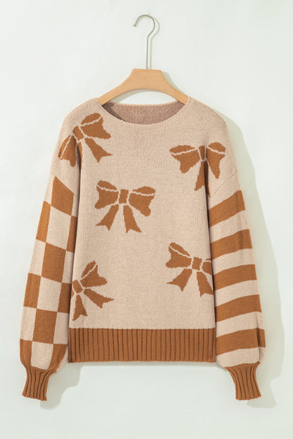 Straw Yellow Ribbon Bow Print Checkered Striped Sleeve Drop Shoulder Sweater