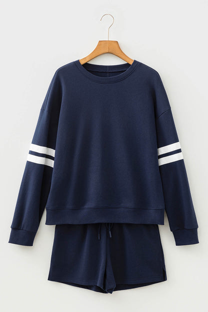 Navy Blue Varsity Striped Sleeve Drop Shoulder Sweatshirt and Short Set