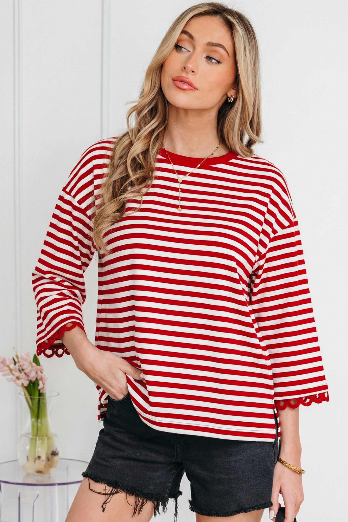 Sachet Pink Striped Print Drop Shoulder Lace Trim Bracelet Sleeve Loose Top