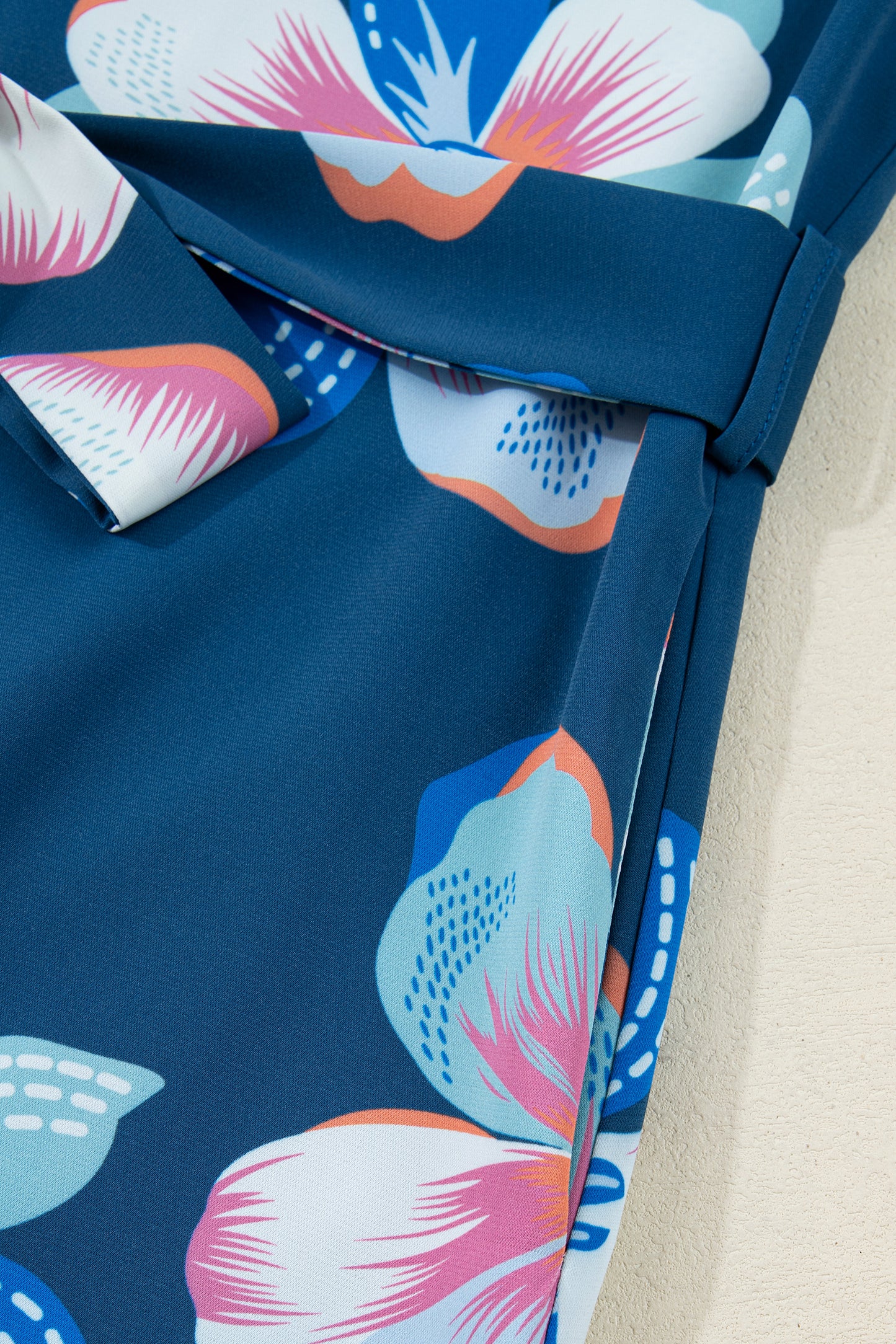 Blue Floral Print Short Puff Sleeve Ruffle Hem Belted Long Dress