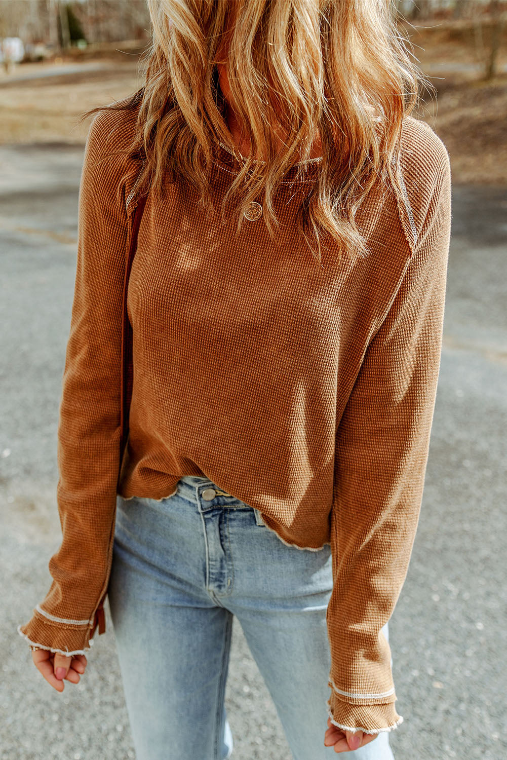 Gray Textured Round Neck Long Sleeve Top