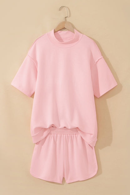 Moonlight Jade Solid Color Exposed Seam Mock Neck Oversize Tee Casual Shorts 2pcs Outfit