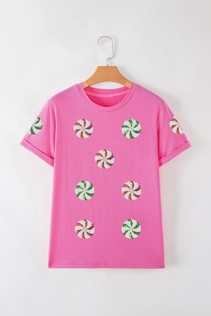 Sachet Pink Sequined Peppermint Pattern Christmas Custom T Shirt