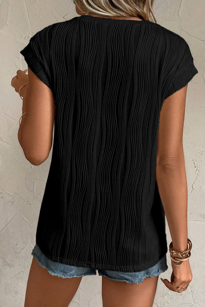 Pink Wavy Textured Button V Neck Tee