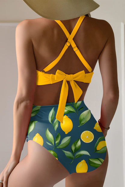 Chicory Coffee Crossed Straps Twisted Tropical Print Knot Side High Waist Bottom 2pcs Swimsuit