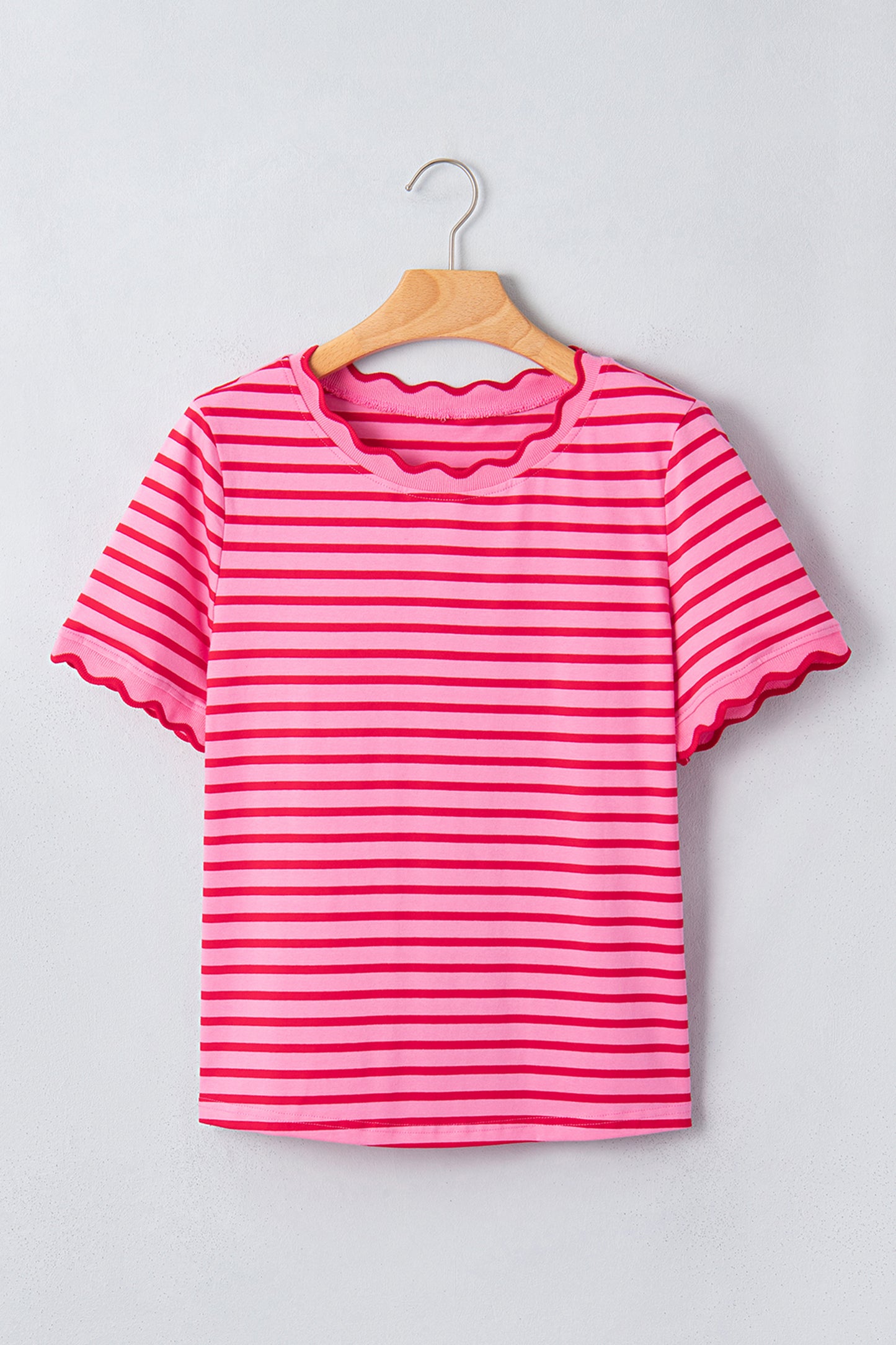 Green Stripe Scalloped Trim Round Neck T Shirt