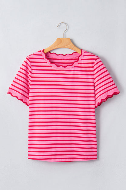 Green Stripe Scalloped Trim Round Neck T Shirt