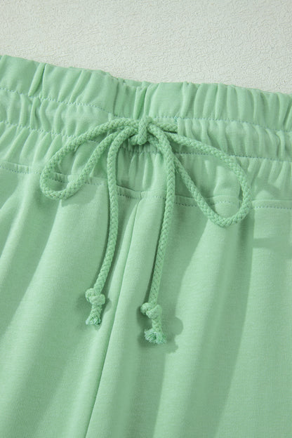Mist Blue Solid Color Ribbed Trim Short Sleeve Top Drawstring Loose Pants 2pcs Outfit