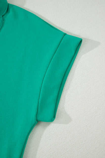 Sea Green Solid Color Snap Button Polo Collar Short Sleeve Scallop Hem Mini Dress