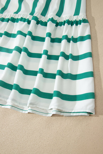 Green Stripe Ricrac Trim Notched Neck Half Sleeve Vacation Dress