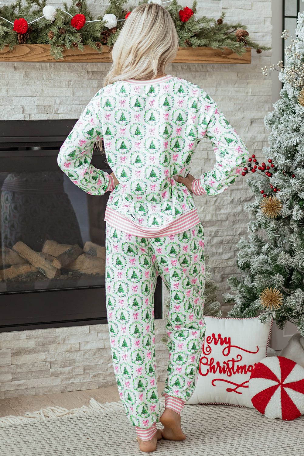 Pink Bow Christmas Tree Print Contrast Striped Banding 2pcs Lounge Set
