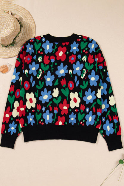 Black Floral Print V Neck Buttoned Short Cardigan Sweater