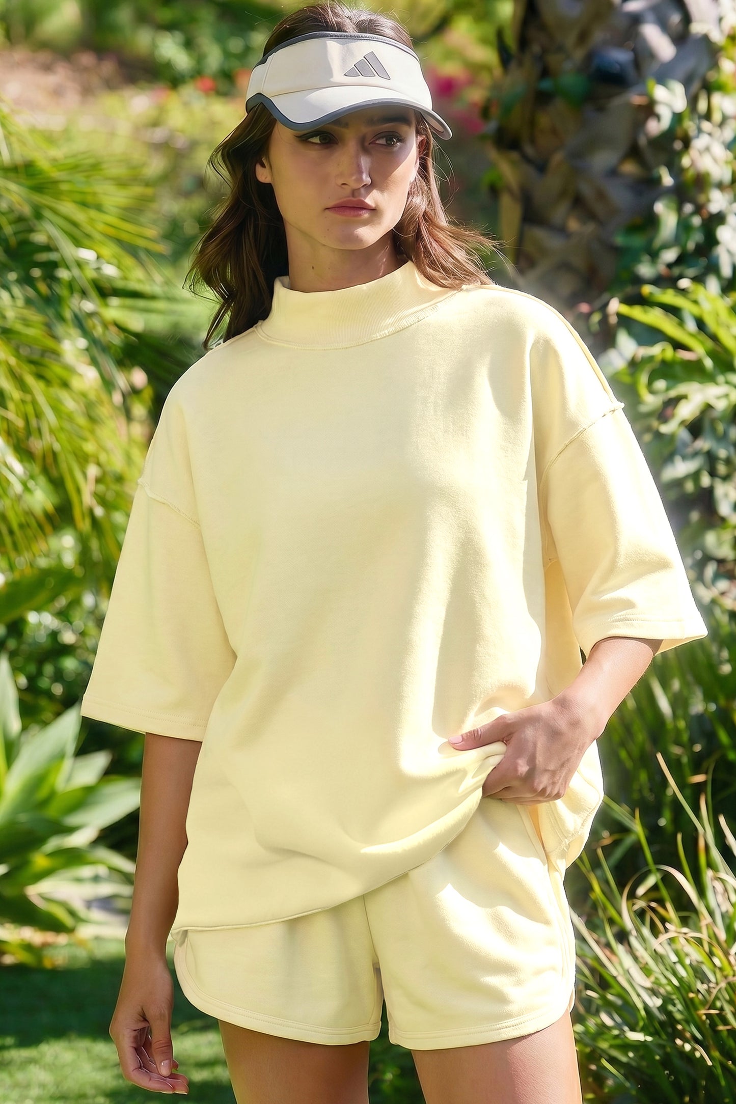 Moonlight Jade Solid Color Exposed Seam Mock Neck Oversize Tee Casual Shorts 2pcs Outfit
