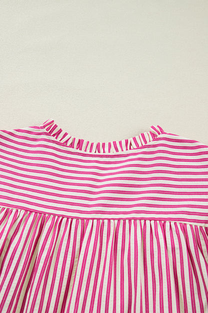 Rose Stripe Shirred Yoke Ruffled Short Sleeve Blouse