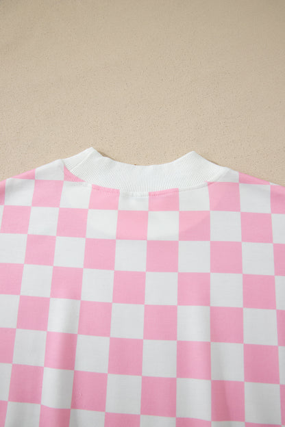 Pink Checkered Print Color Block Trim Mock Neck Short Set