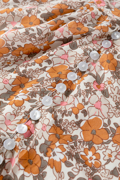 Orange Bohemian Floral Puff Sleeve Full Button Shirt