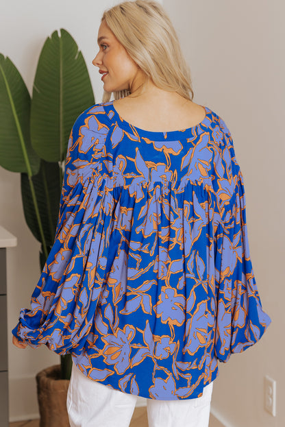 Rose Floral Print Batwing Sleeve Buttoned Loose Fit Shirt