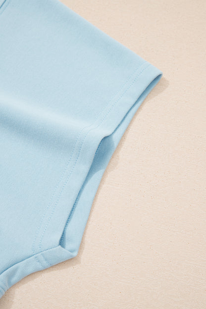 Mist Blue Solid Color Ribbed Trim Short Sleeve Top Drawstring Loose Pants 2pcs Outfit