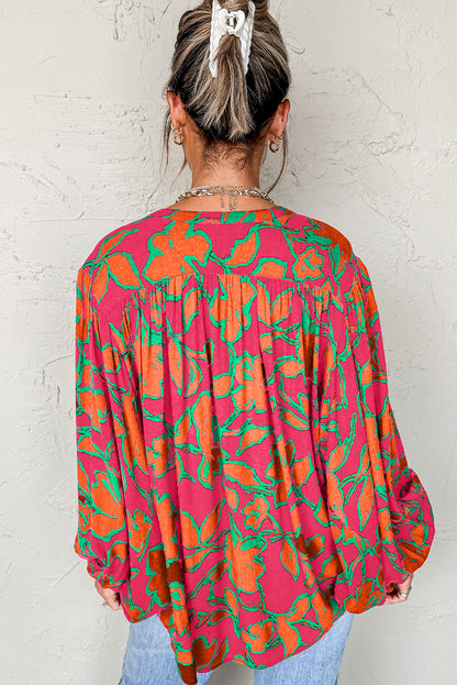 Rose Floral Print Batwing Sleeve Buttoned Loose Fit Shirt
