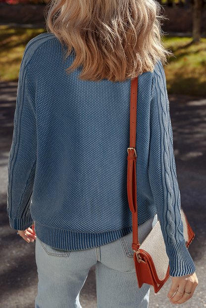 Ashleigh Blue Contrast Cable Knit Sleeve Casual Sweater