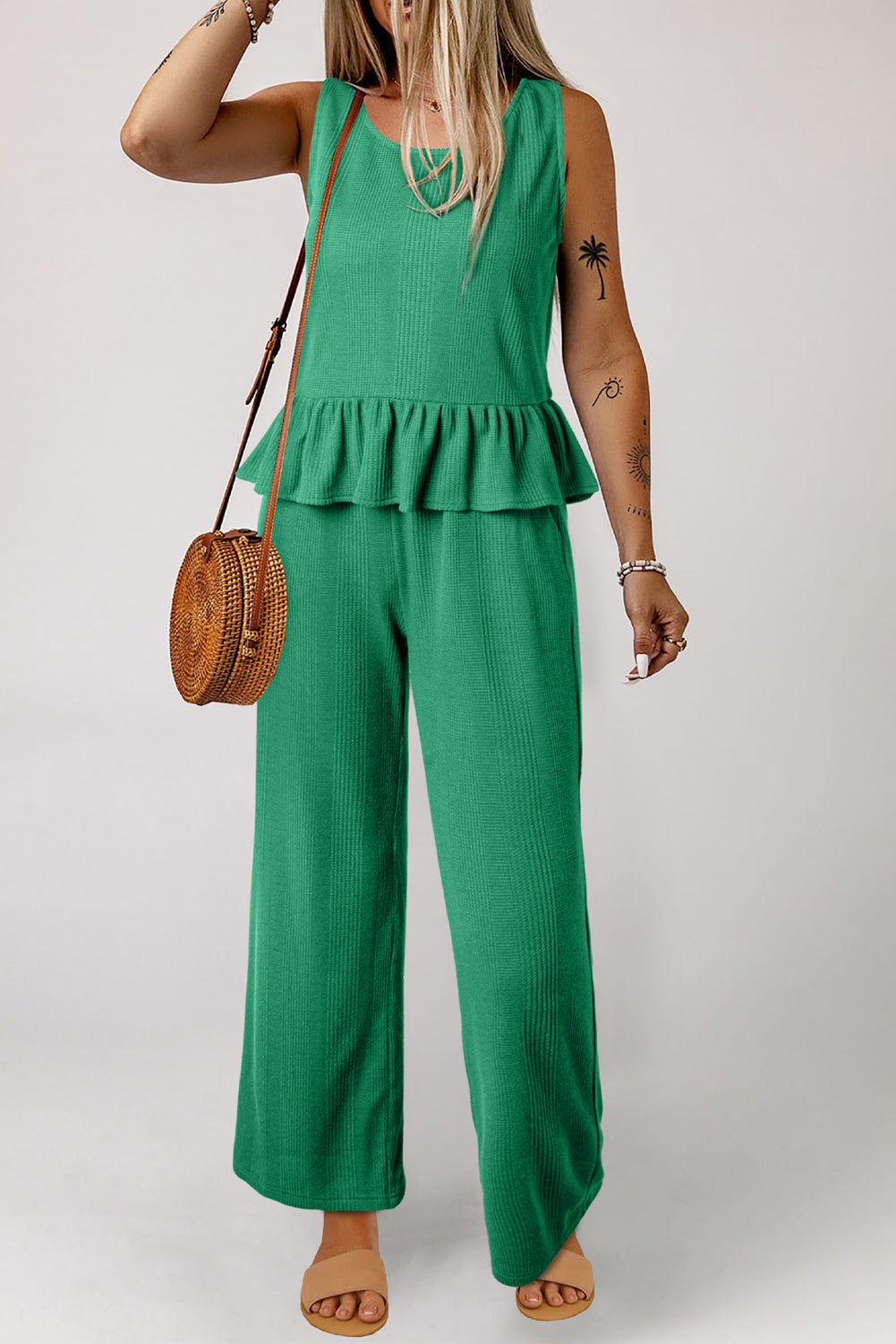 Black Solid Color Ribbed Ruffle Tank Top and Pants Set