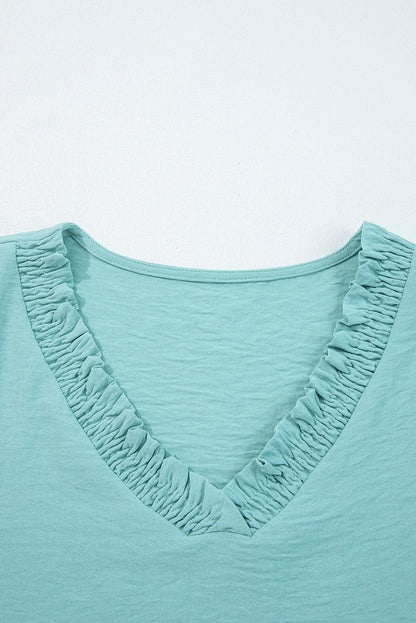 Moonlight Jade Frilled V Neckline Bracelet Sleeve Crinkled Blouse