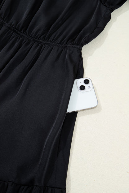 Black Flounced Bracelet Sleeve V Neck Tiered Maxi Dress