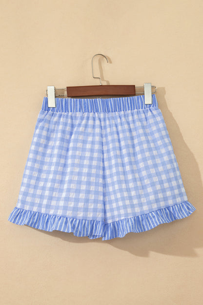 Red Gingham Print Ruffle Striped Detail Lace Tie Shorts