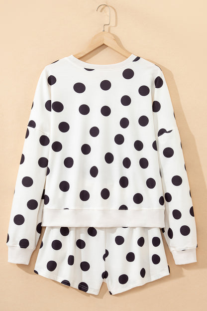 Sky Blue Polka Dot Print Drop Shoulder Pullover Drawstring Shorts Set